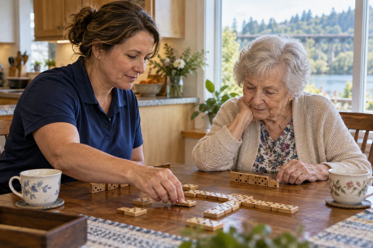 A home caregiver and senior woman playing a board game at a sunlit wooden dining table in Oregon City.