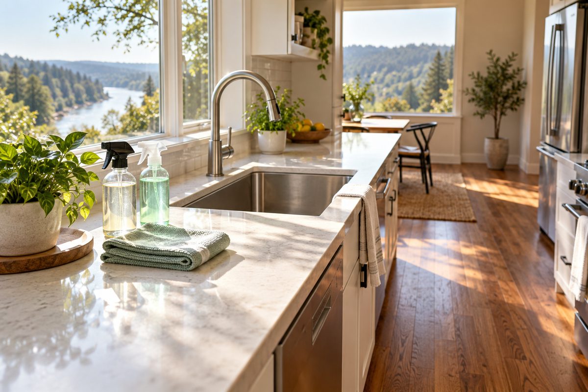 Clean, sanitized residential kitchen with hazard-free floors and eco-friendly cleaning supplies in Oregon City.