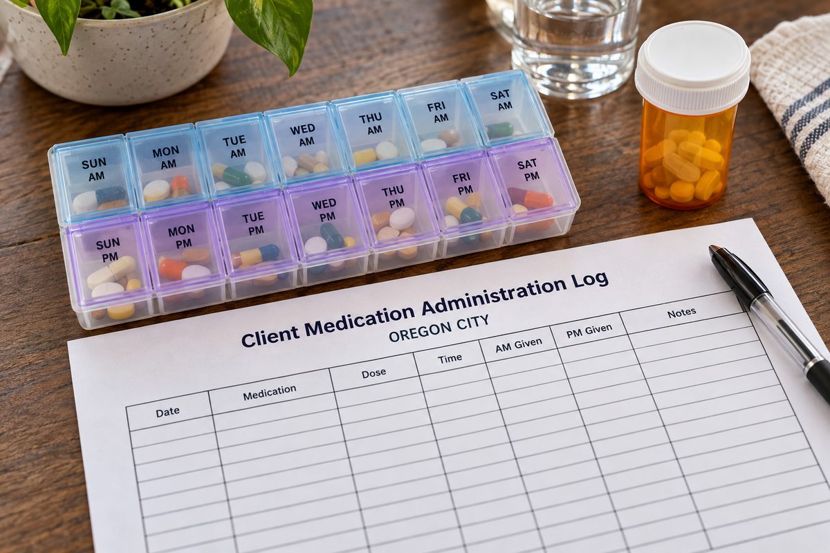 Weekly medication organizer tray and administration record log sheet for in-home care.