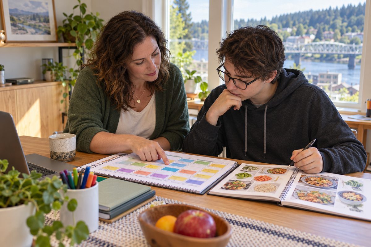 Life skills mentor and adult client reviewing a structured daily routine planner.