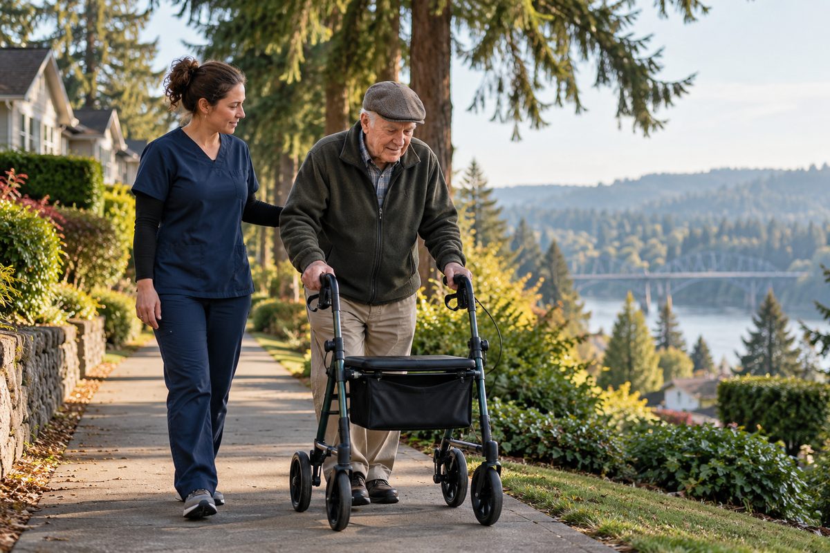 Caregiver providing mobility support and outdoor walking companionship in Portland, Oregon.