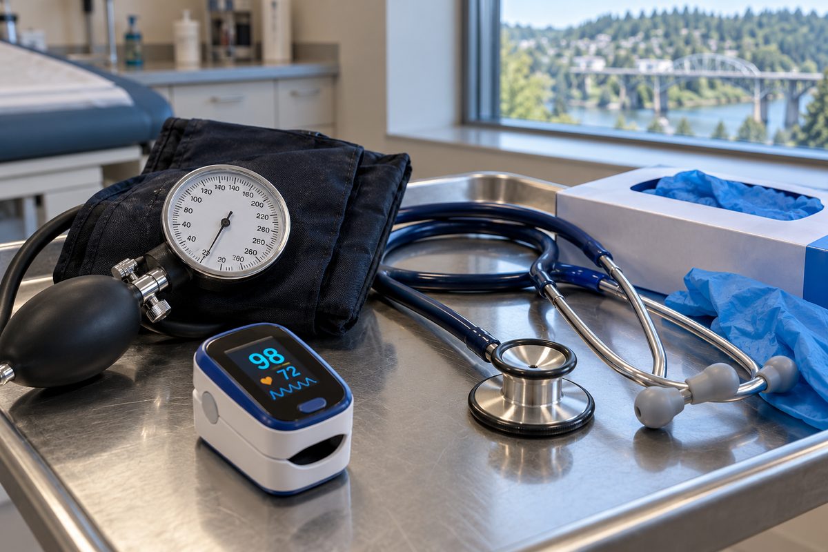 In-home nursing diagnostic equipment including blood pressure monitor, stethoscope, and pulse oximeter.