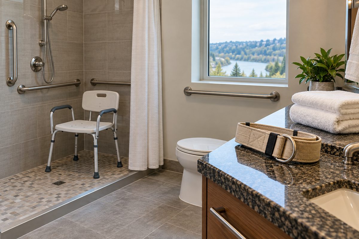 Professional personal care equipment including an aluminum shower chair and transfer belt in an Oregon home bathroom.